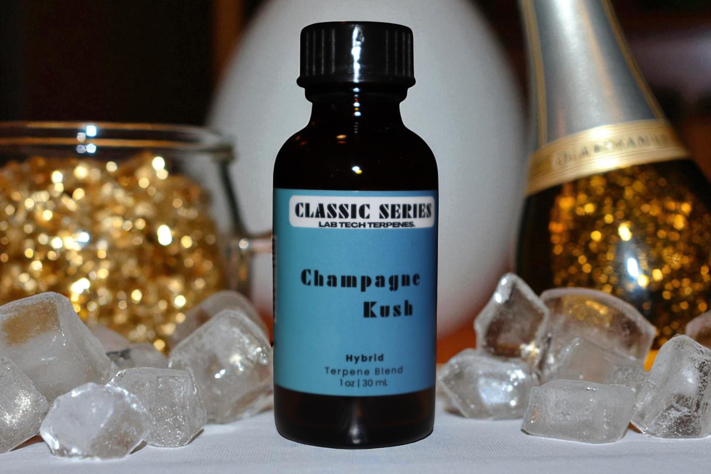 Champagne Kush hybrid terpene blend for vape packaging wholesale, premium vape brand packaging, eco-friendly packaging USA.