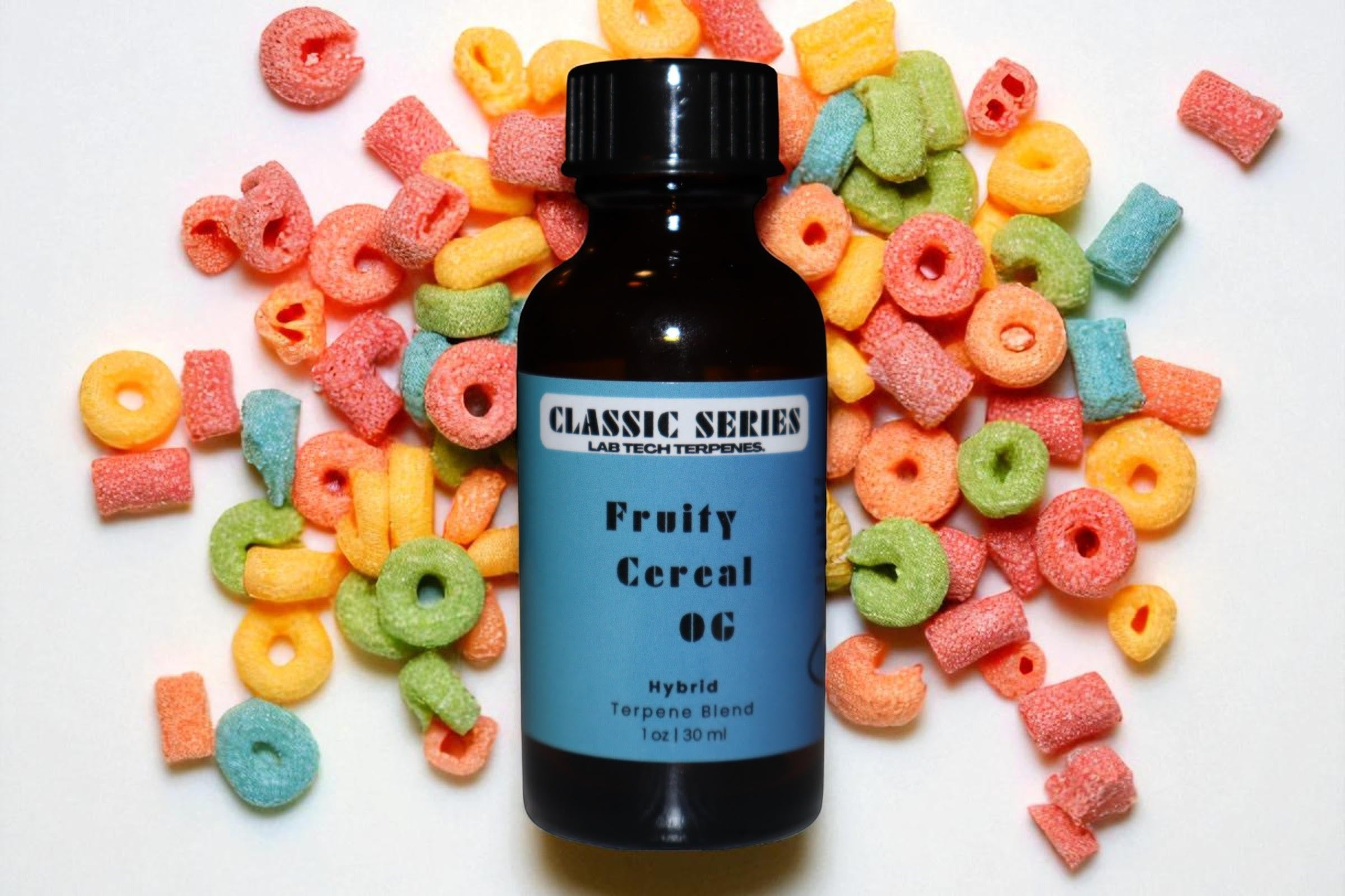 Fruity Cereal OG terpene blend bottle with colorful cereal pieces