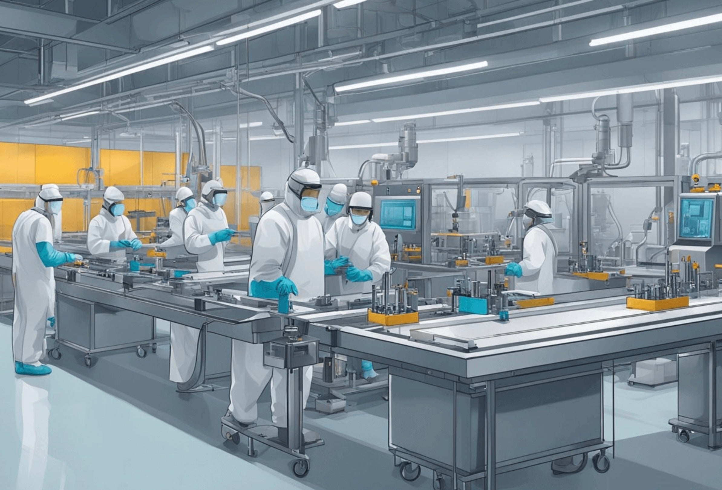 Workers in clean room assembly for vape packaging.