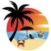 Cartoon crab relaxing on a beach at sunset with drinks and umbrellas.