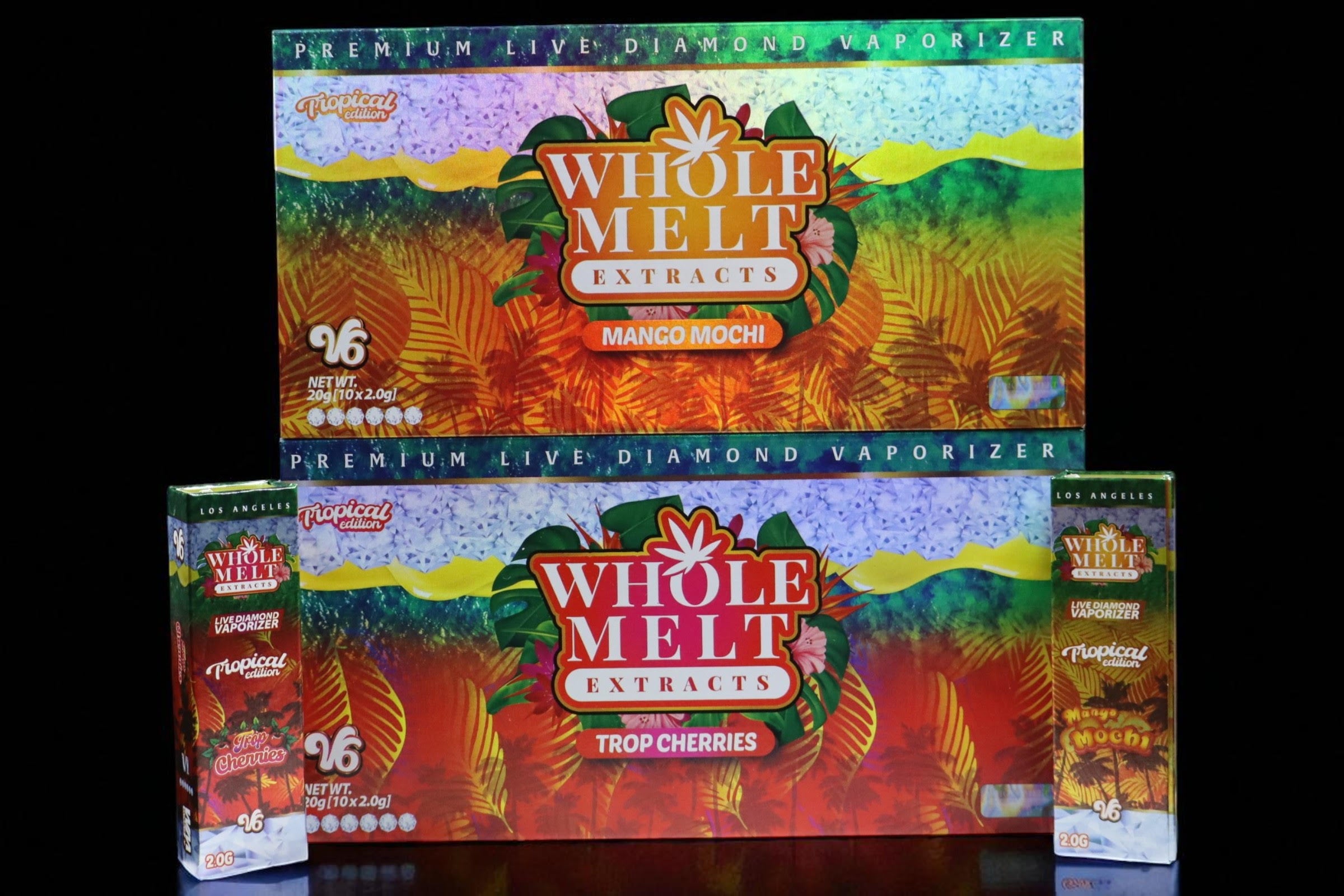 Whole Melts V6 packaging for mango mochi and trop cherries in eco-friendly design.